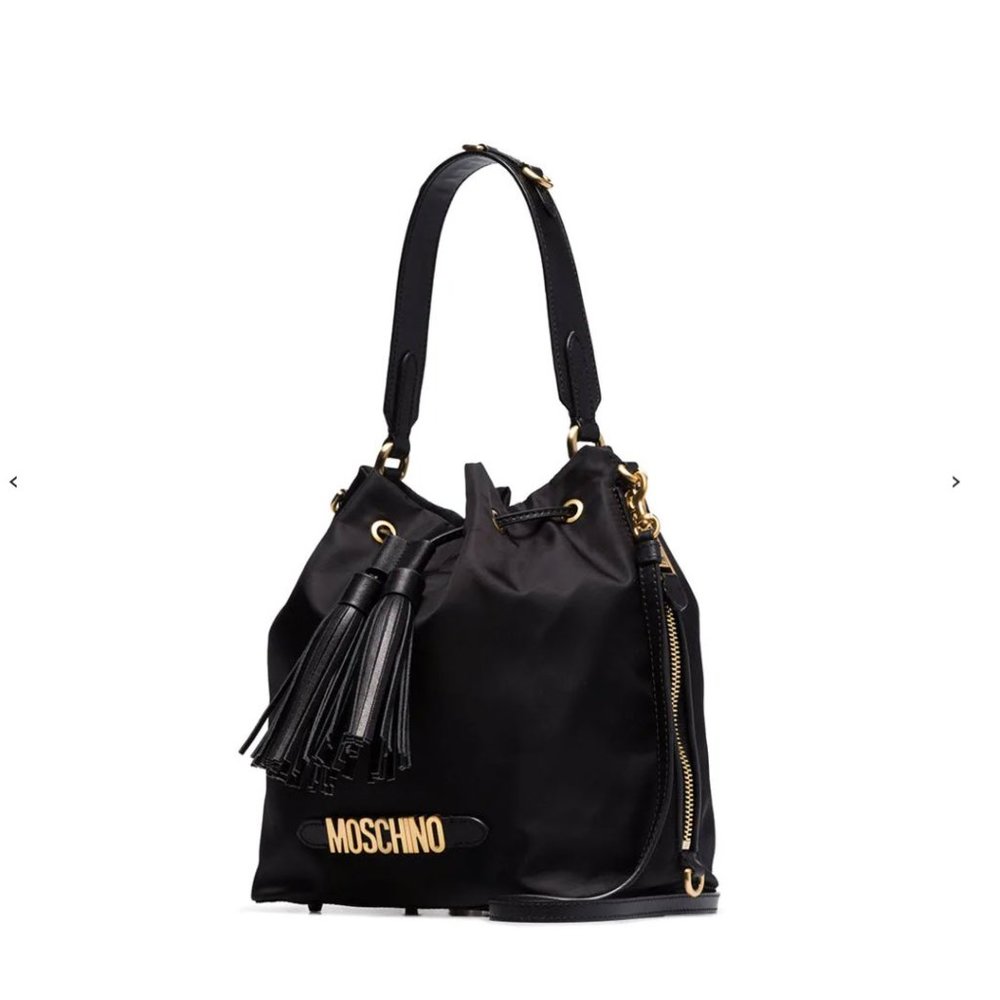 NWT Moschino Logo Drawstring Bucket Bag Black